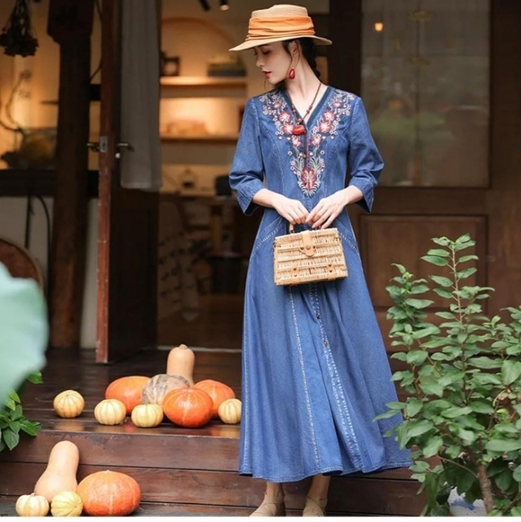 Floral Embroidered Denim Maxi Dress